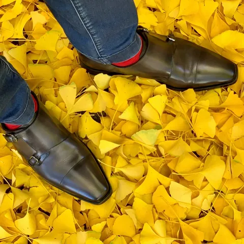 Grey double-monk shoes on a carpet of yellow ginkgo leaves