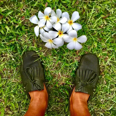 Olive fringed loafers on grass beside a cluster of frangipani flowers