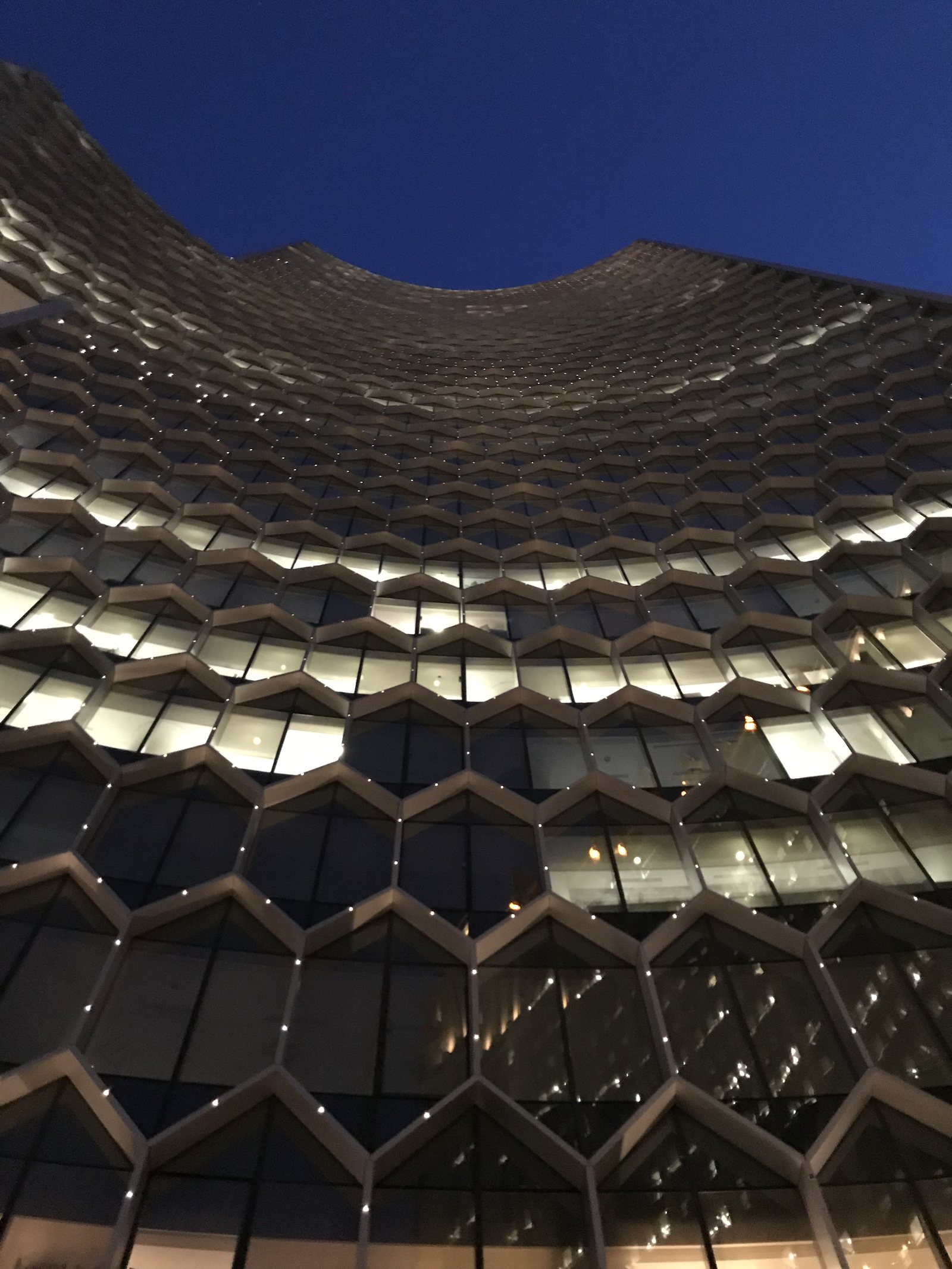 The honeycomb facade lit from inside at night, the panels catching the light