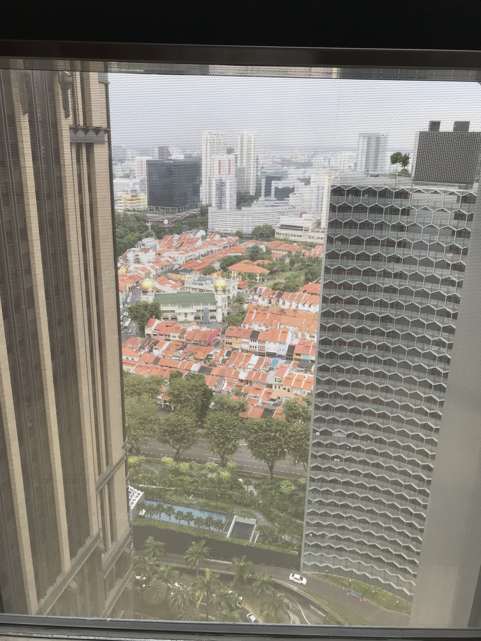 Rows of shophouse roofs seen from high above, framed by the honeycomb facade