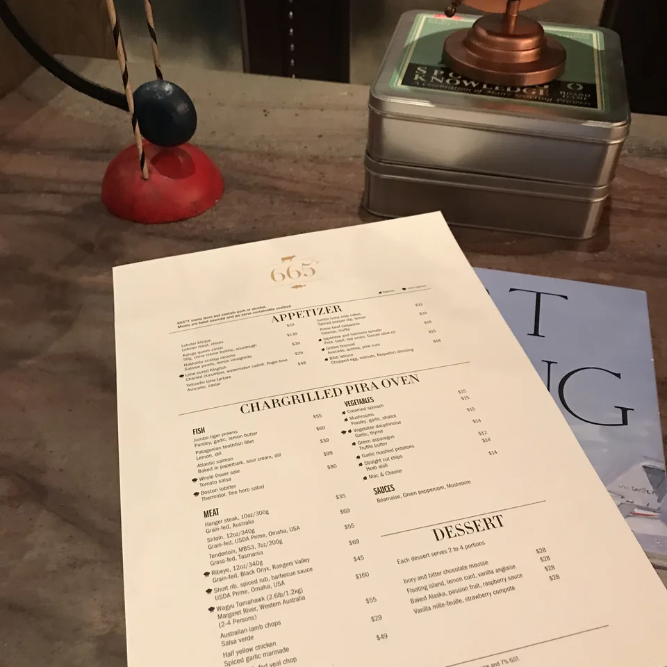 The 665°F menu laid on a marble counter beside a brass globe and a red weight