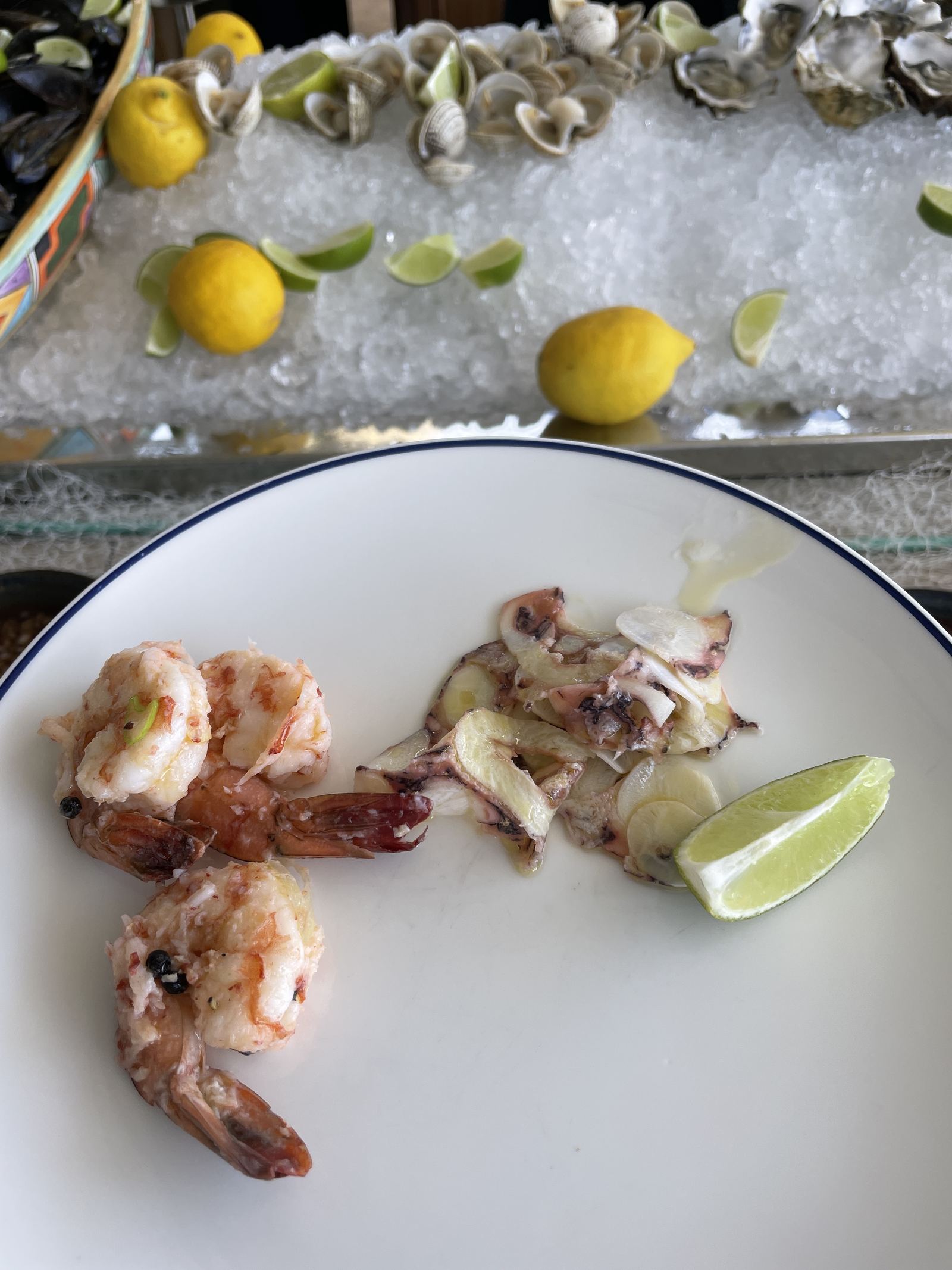 Prawns and calamari on a plate beside a bed of ice and lemons at the Sunday brunch