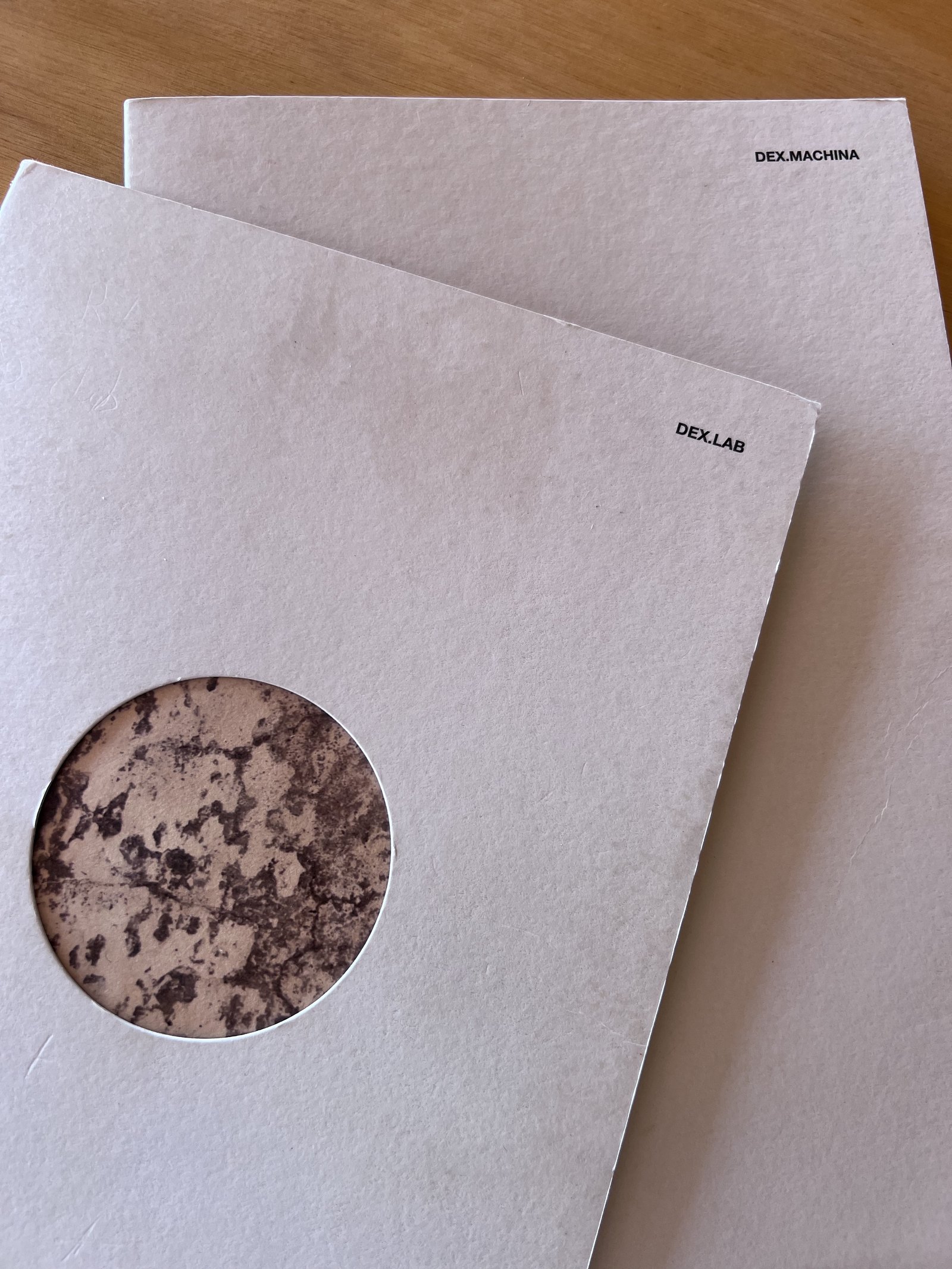 Two pale card folders on a timber table at Dexamenes, one printed dex.Machina and one dex.Lab, with a circular window cut through the top one