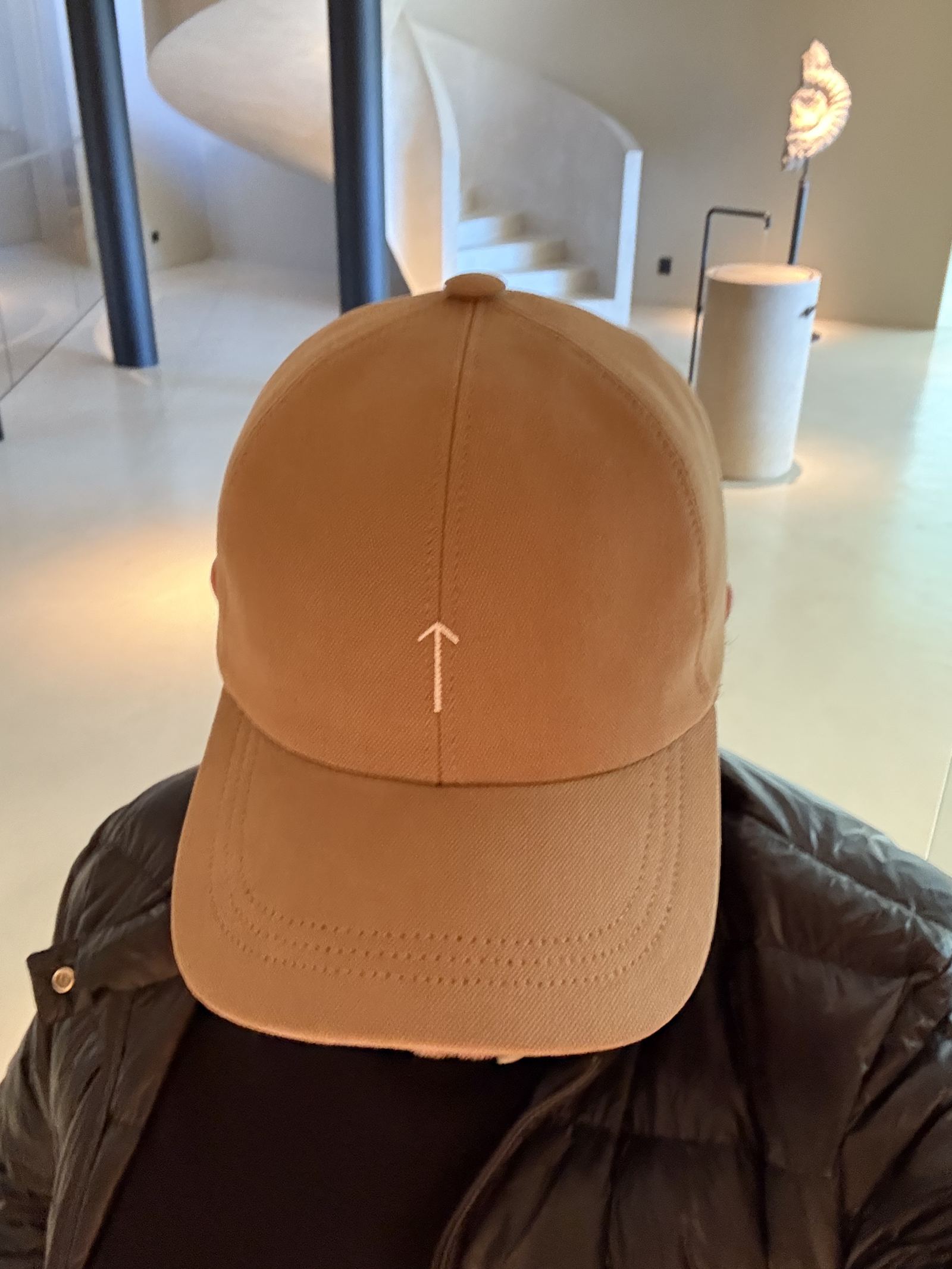 A sand-coloured cap embroidered with the FORESTIS arrow, worn by the author