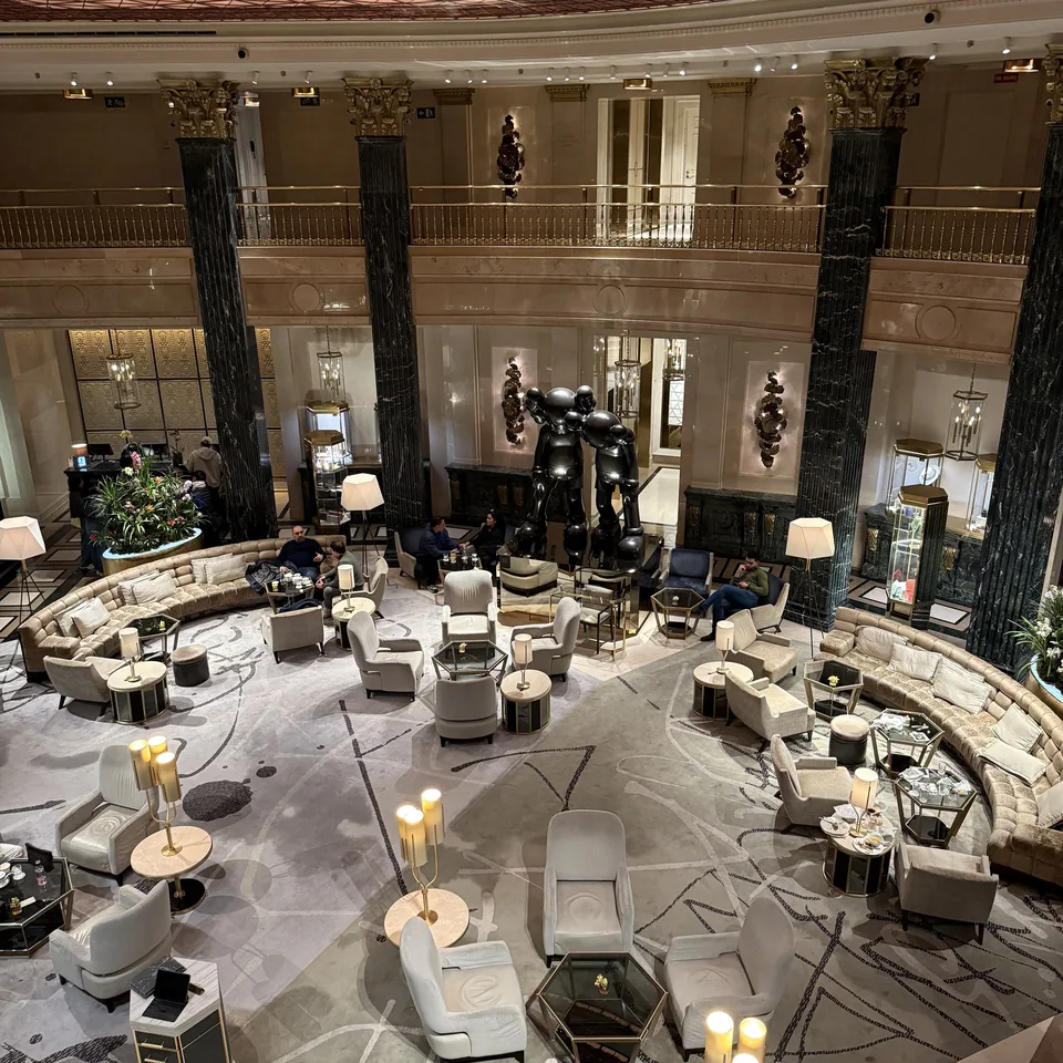 The lobby of Four Seasons Madrid seen from the gallery above