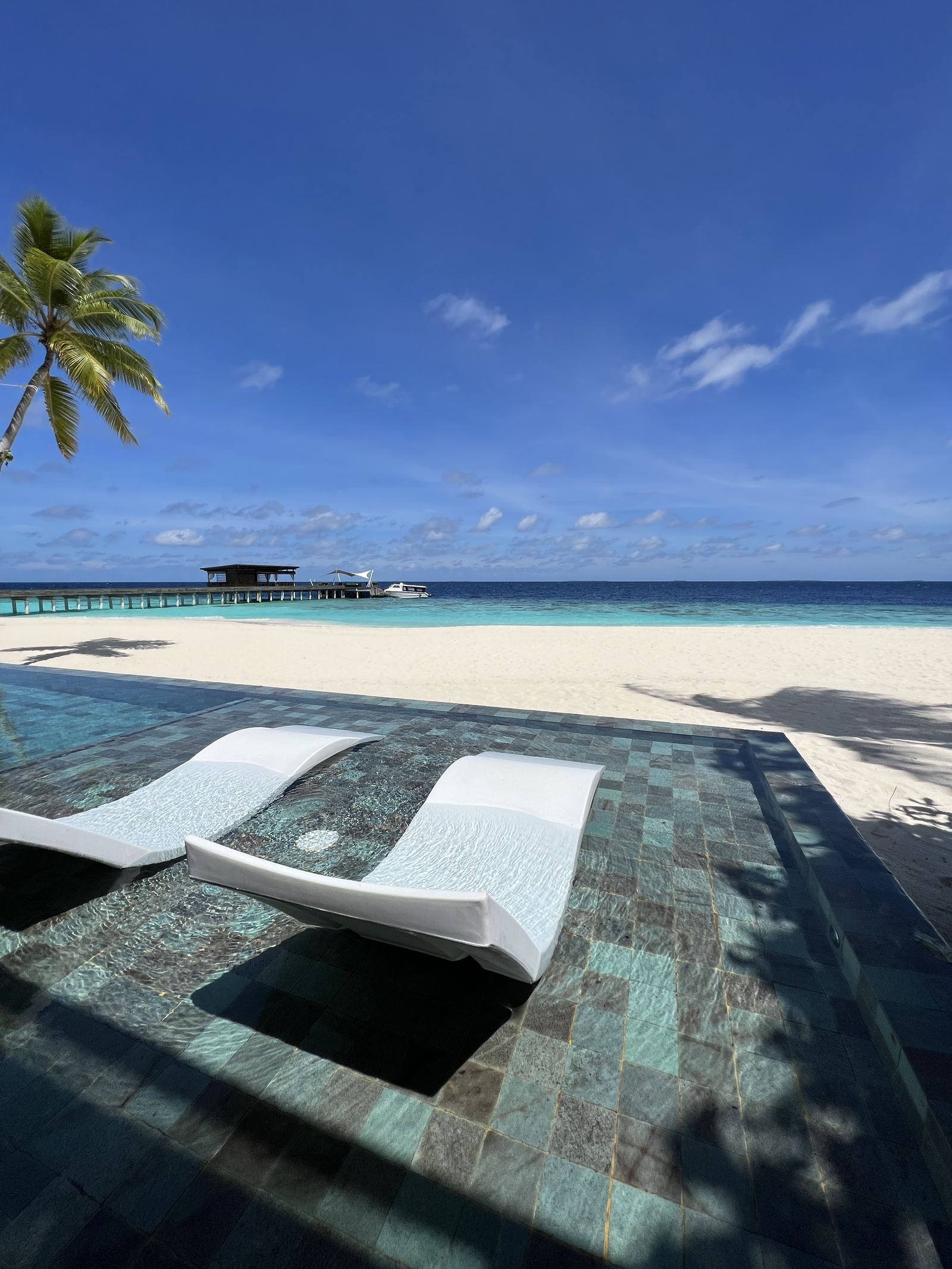 Two loungers standing in the shallow end of the pool with the beach behind