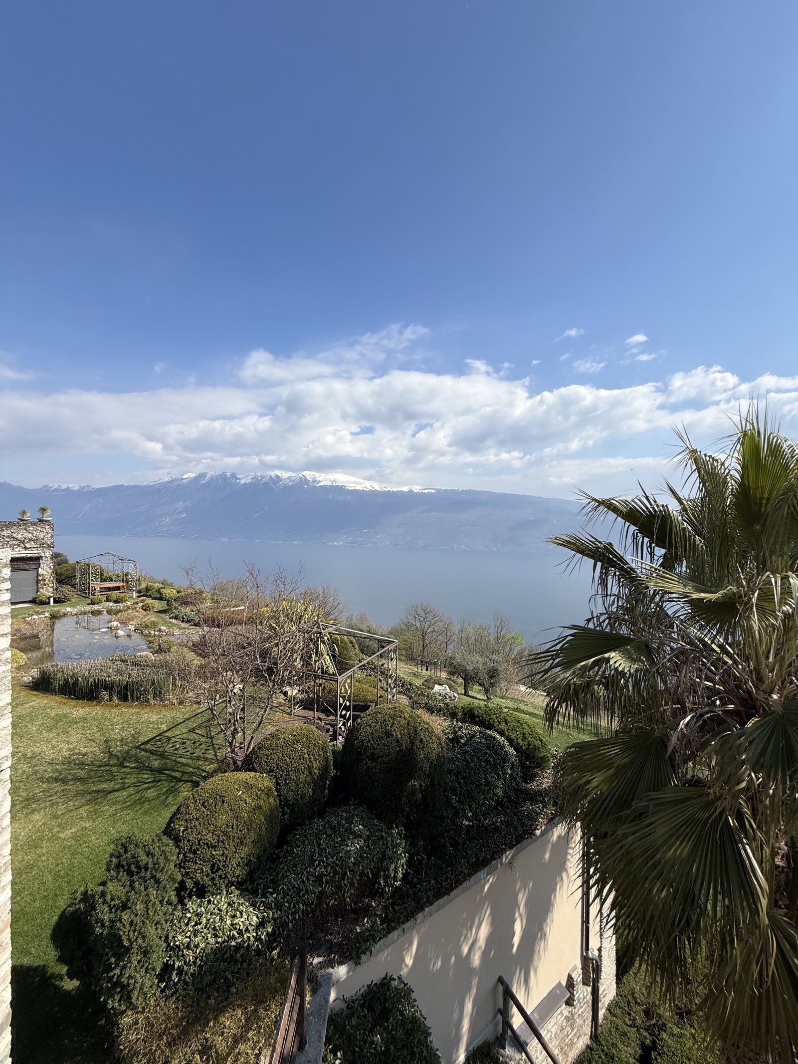 Terraced gardens dropping away below a wall, with palms and the lake beyond