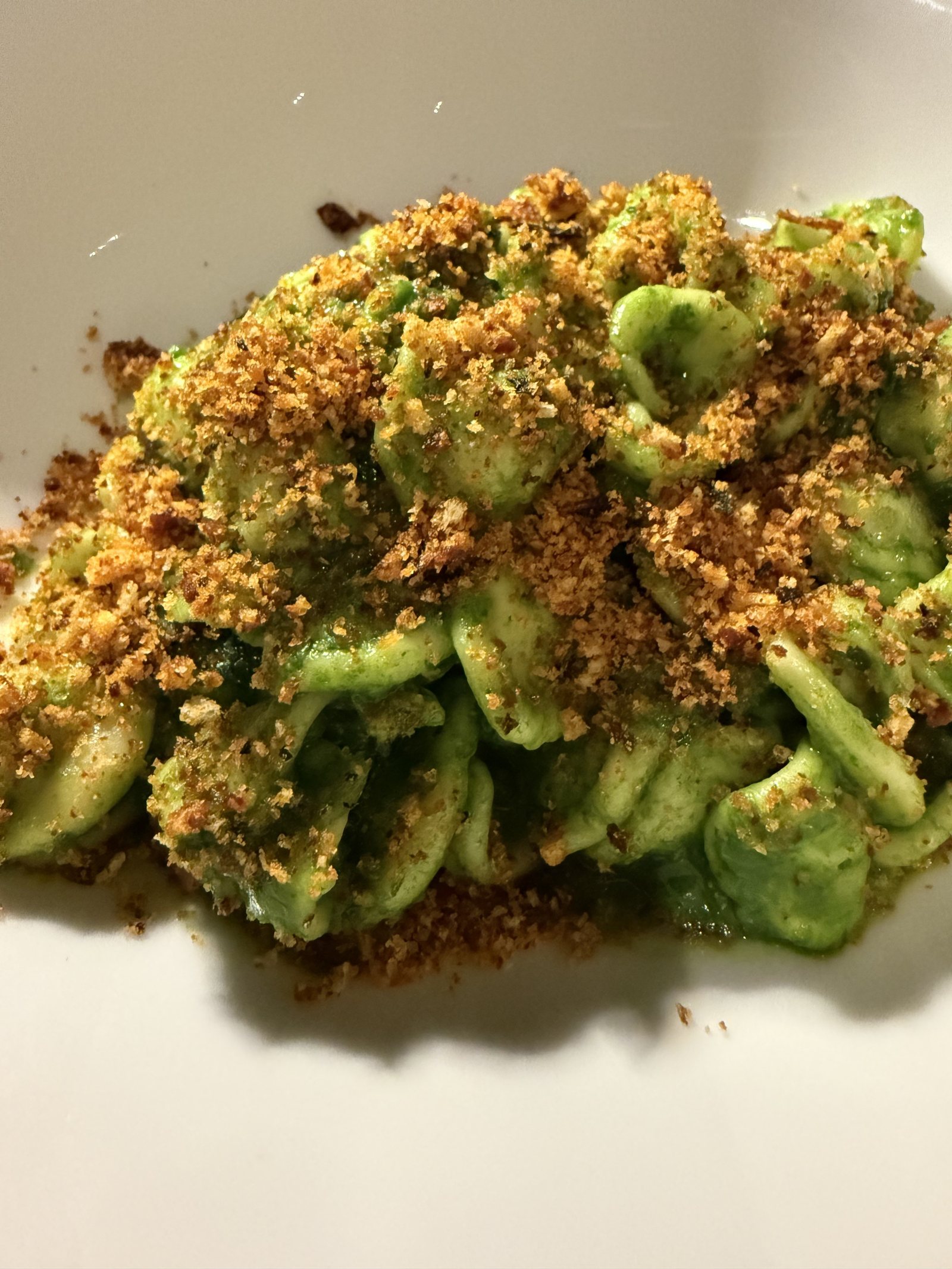 A plate of green pasta shells dressed with breadcrumbs and herbs
