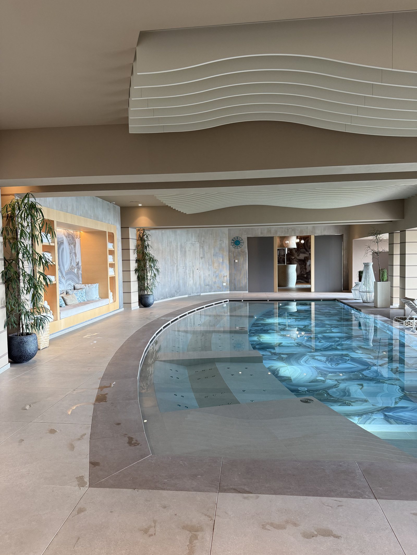 An indoor pool with a curved edge under a sculpted wave ceiling, plants along one wall