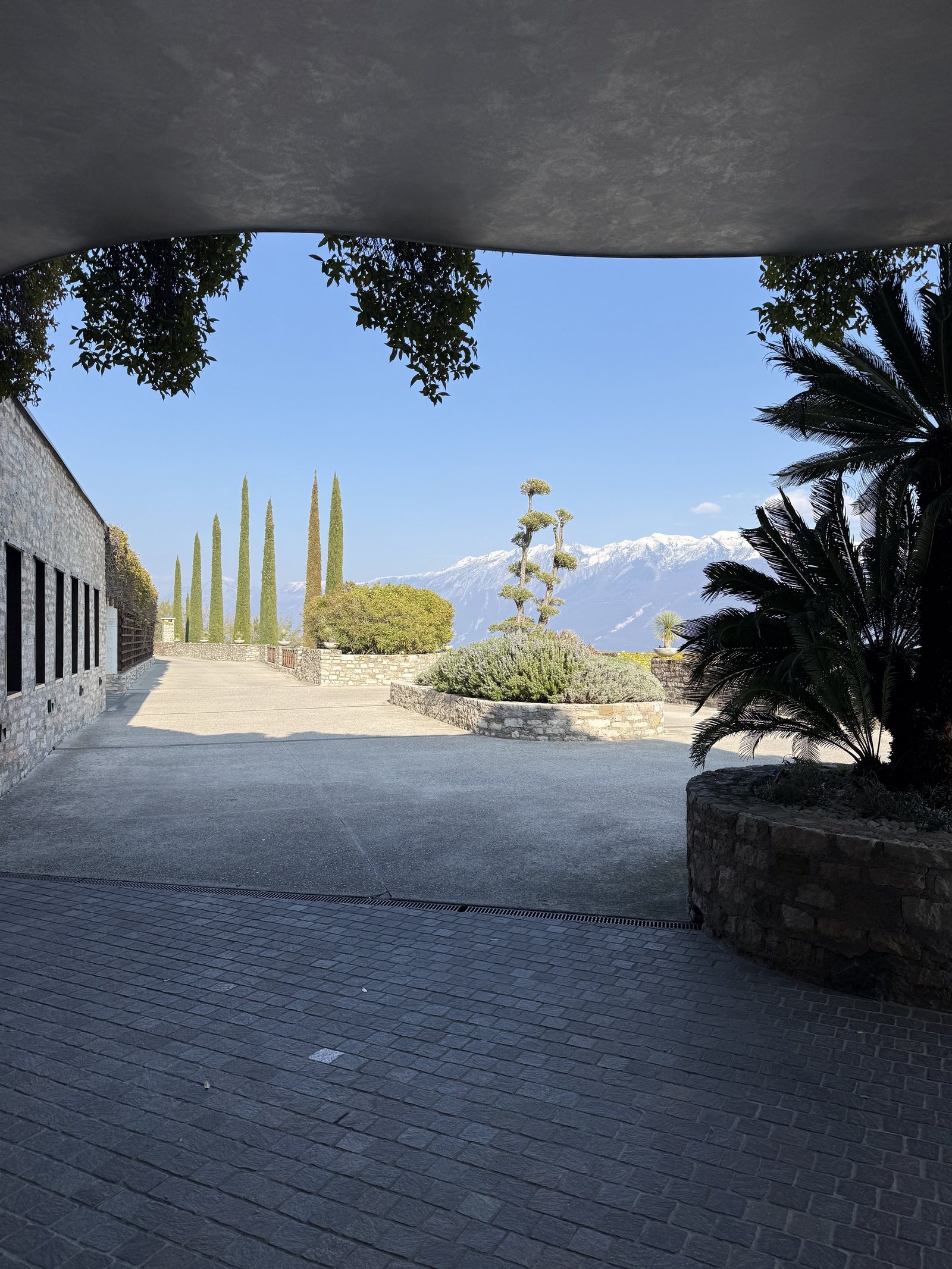 A covered passage opening onto a gravel path lined with cypresses and a clipped tree