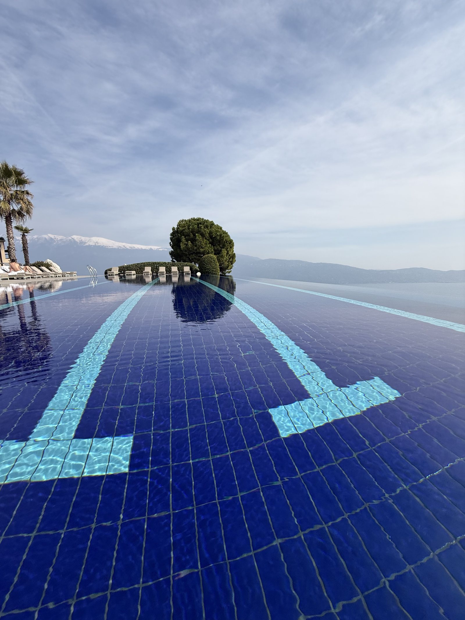 The pool surface meeting the lake and the sky, with a single tree standing at the far end