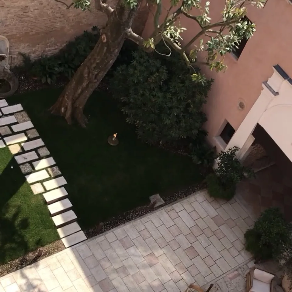 An old magnolia in a walled courtyard seen from above, with restaurant tables and chairs stacked on the paving below