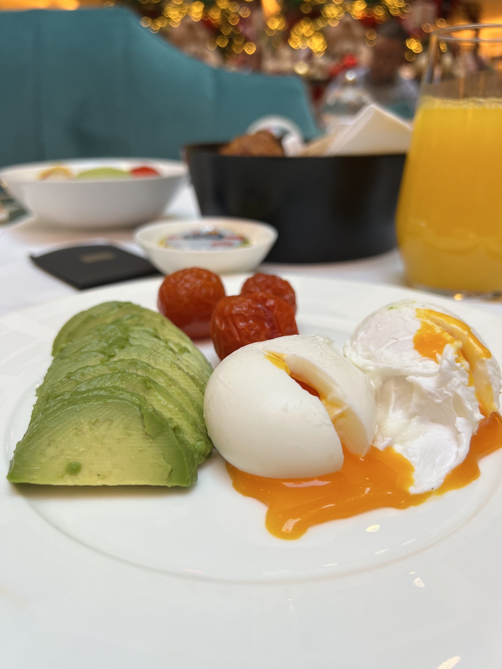 A poached egg on avocado and tomatoes on a white plate