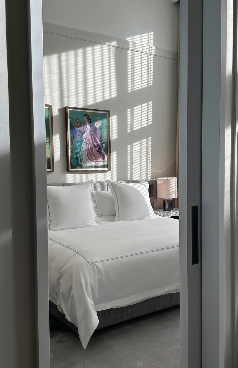 A bedroom seen through an open doorway, white bed linen and shutters filtering daylight