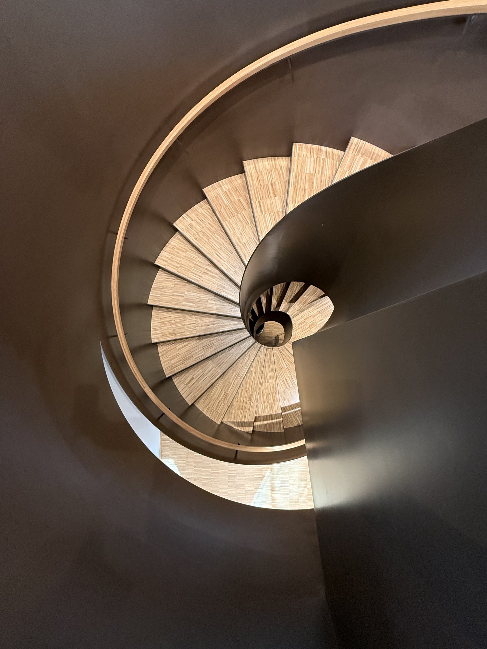 A spiral staircase photographed from directly above, timber treads winding down into shadow