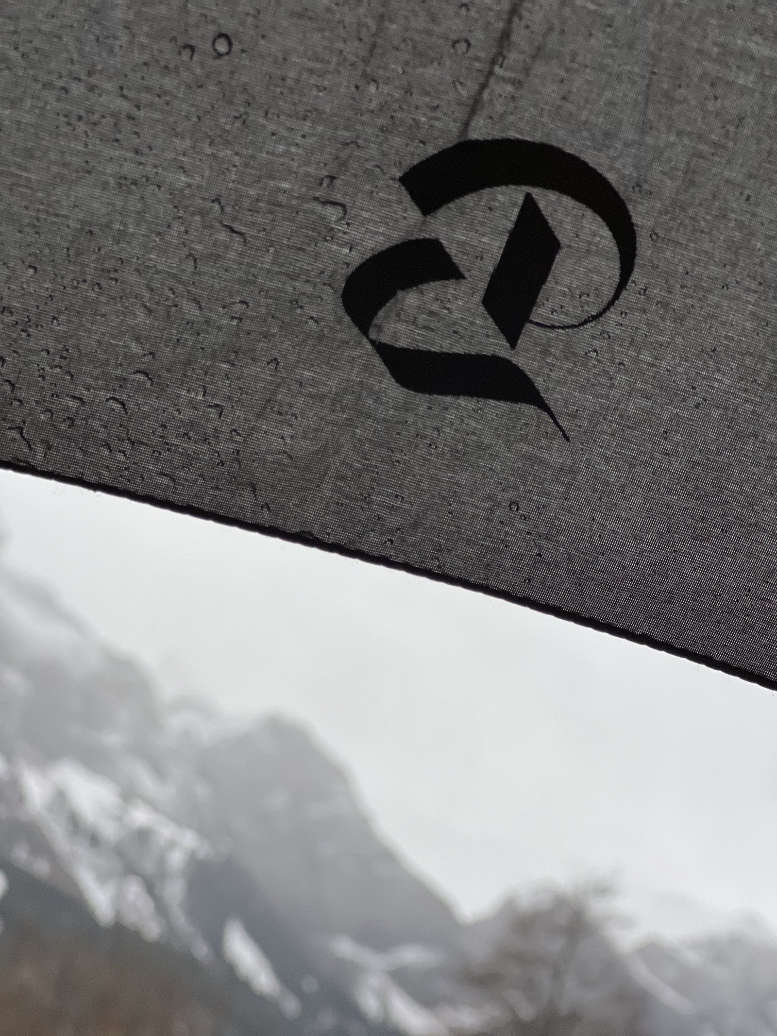 The letter B of The Brecon's monogram on a dark surface, with the snow covered mountain behind it