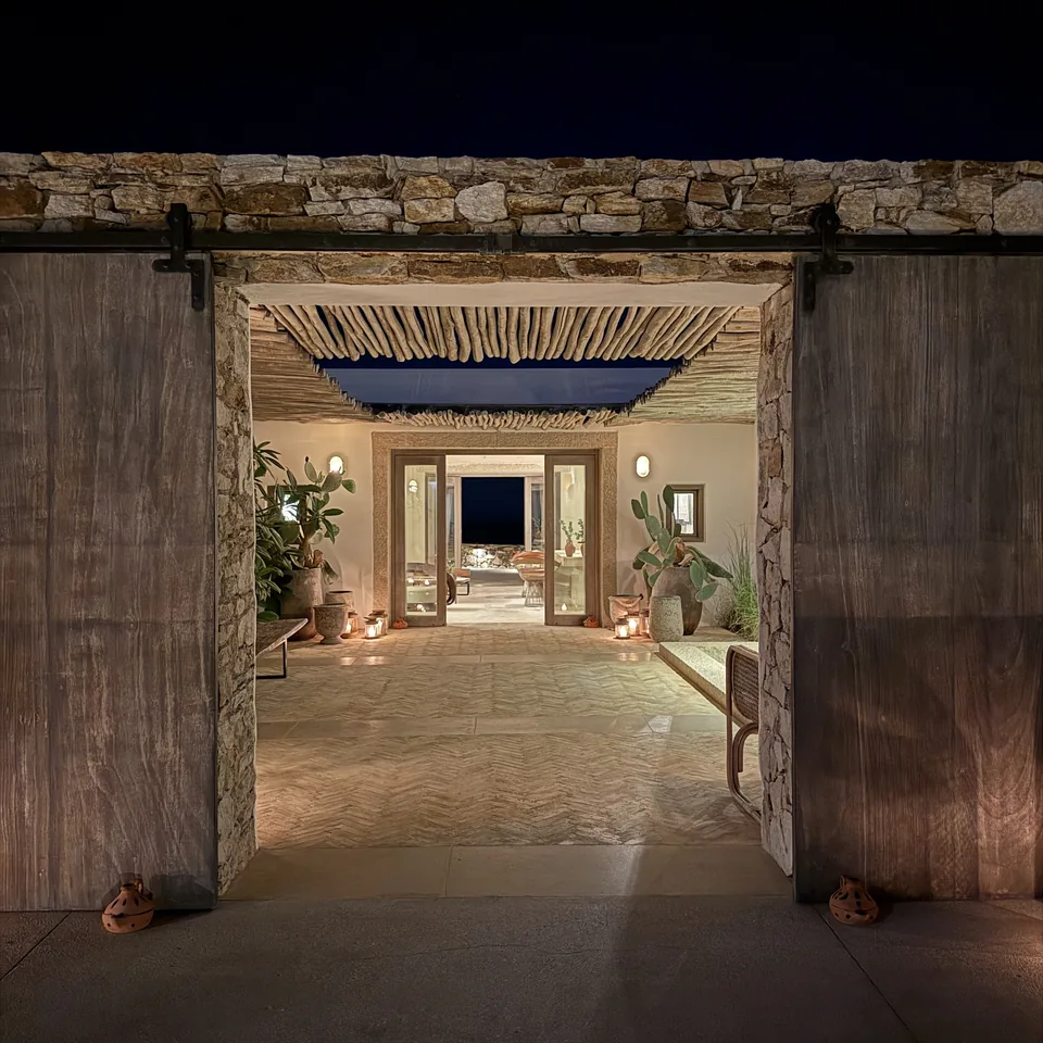 Timber barn doors standing open at night at The Rooster, with a lit passage and a dark blue sky above