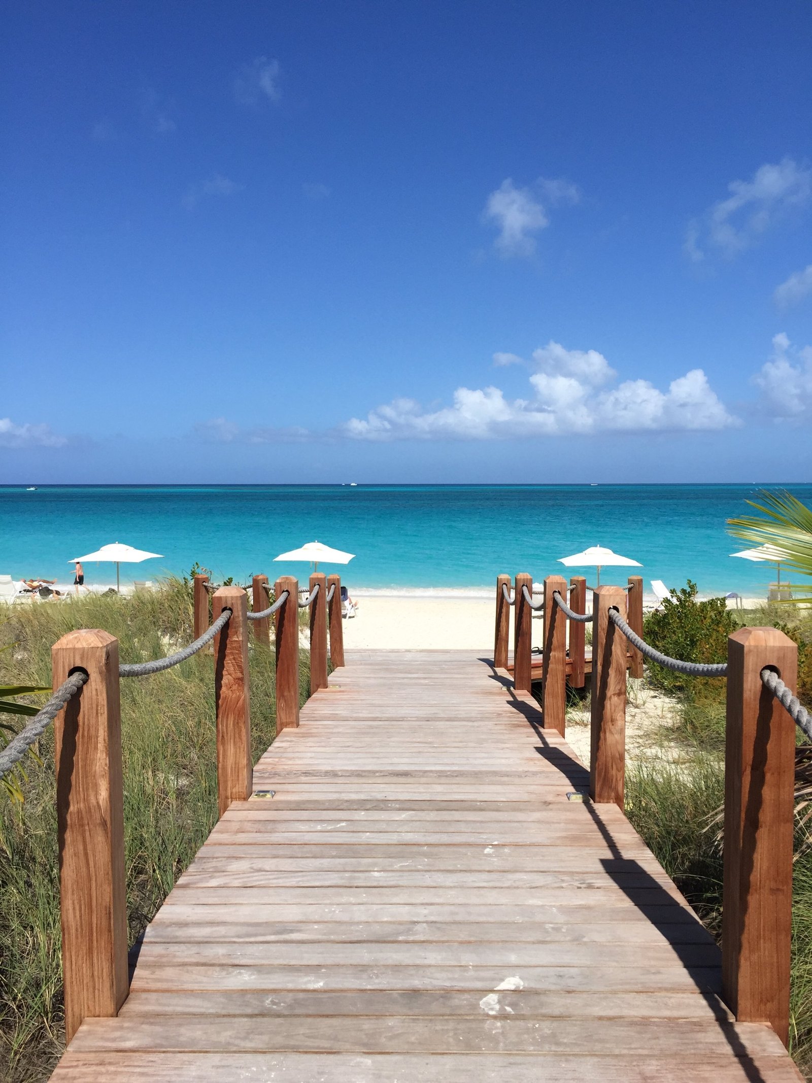 A timber boardwalk with rope rails running straight out of the dune grass onto the beach and the turquoise shallows