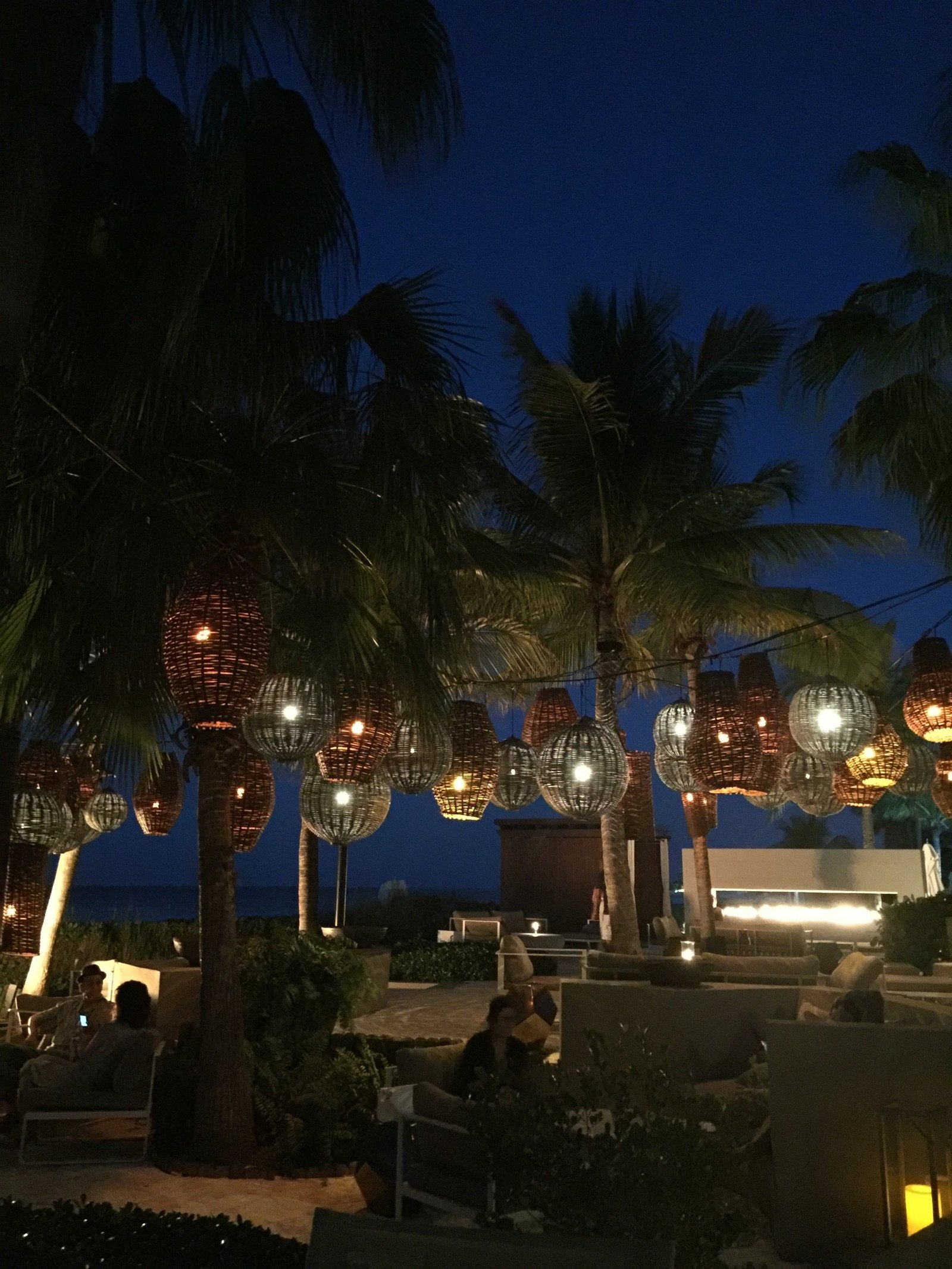 Dozens of woven lanterns lit among the palms over a lounge at night