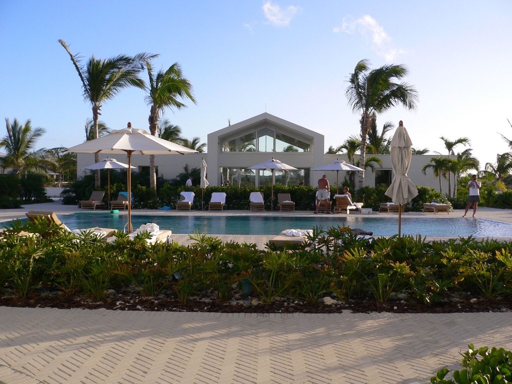 A glass-gabled pavilion behind a long pool with white parasols and loungers, framed by palms bending in the wind, with a planted bed in the foreground