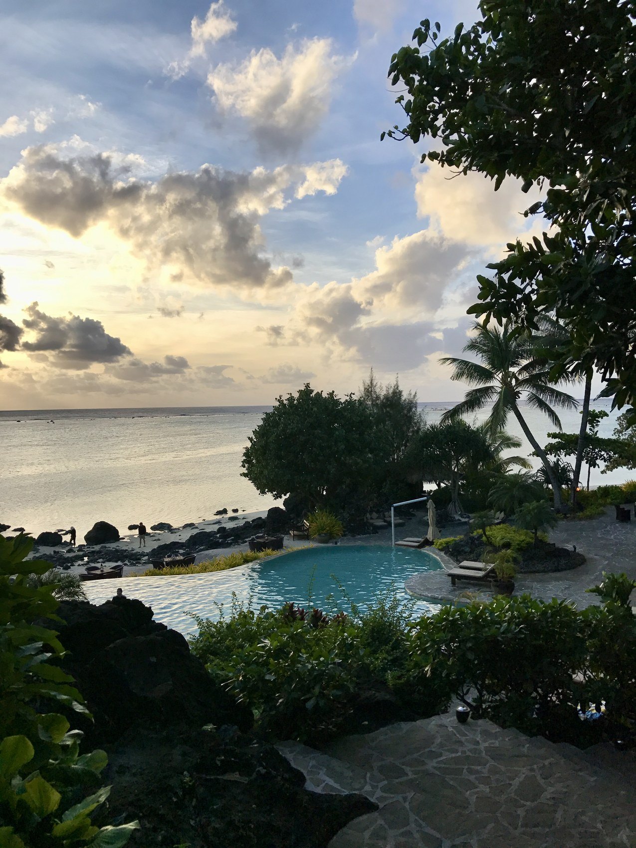 A pool above the sea at dusk, seen through the trees
