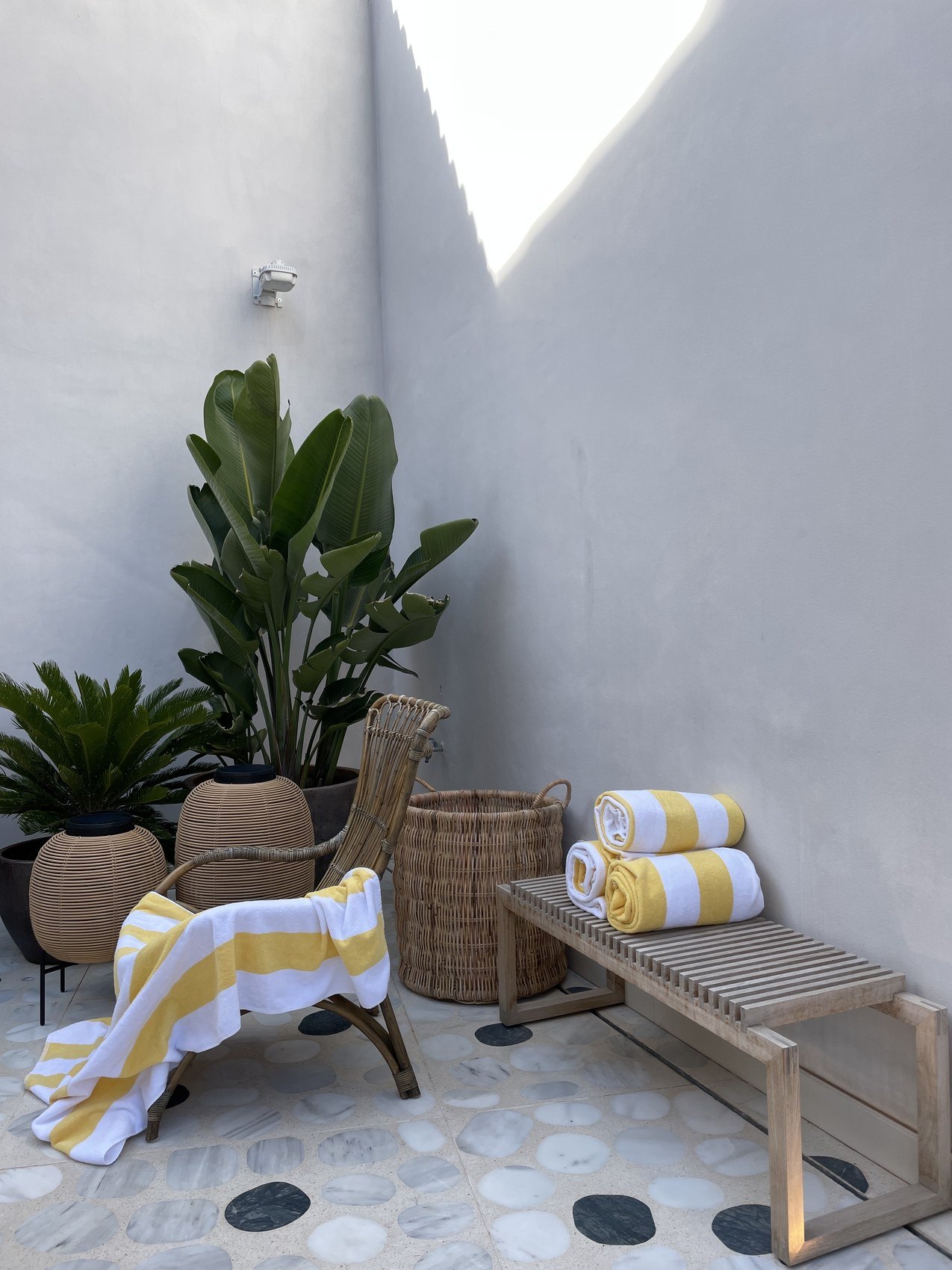 Striped yellow towels over a timber bench beside tall plants against a white wall